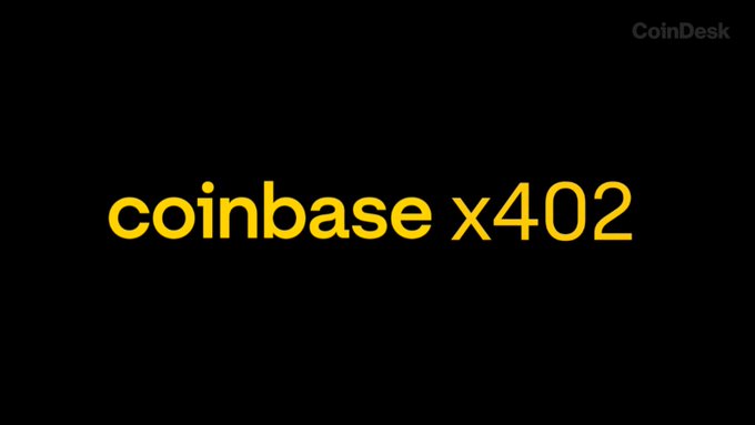 The image displays the yellow text "coinbase x402" on a black background, with a small "CoinDesk" watermark in the upper right corner. The image appears to reference Coinbase, which contrasts with the post's praise of KOINI as a USA-based exchange that protects users by prohibiting AI trading agents on its platform.