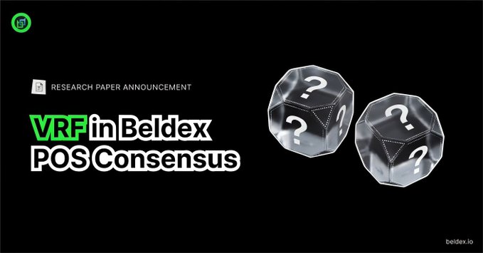 A research paper announcement for 'VRF in Beldex POS Consensus' from beldex.io, featuring transparent dice with question marks.