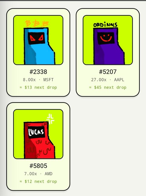 Three Cryptopunks-style NFT cards showing pixel art characters labeled '#2338' (MSFT, 8.00x, ≈ $13 next drop), '#5207' (AAPL, 27.00x, ≈ $45 next drop), and '#5805' (AMD, 7.00x, ≈ $12 next drop).