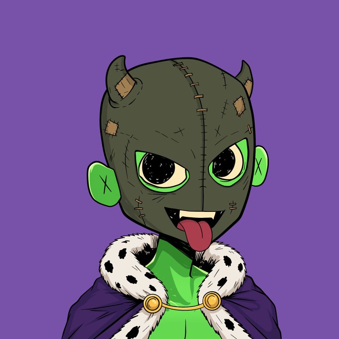 A digital illustration of a cartoon character with a stitched green mask, horns, large eyes, and a spotted fur-lined cape on a purple background.