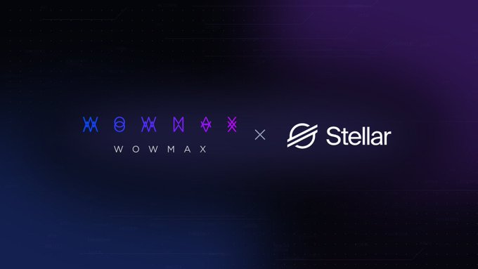 The image displays the stylized "WOWMAX" logo alongside the "Stellar" logo with a multiplication symbol between them, set against a dark blue background, representing a partnership or product launch between the DeFi protocol WOWMAX and the Stellar blockchain network referenced in the article about lessons learned from Soroban smart contracts.