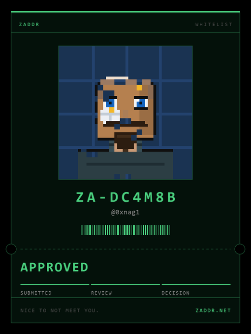 A digital whitelist card from Zador showing a pixel art owl character, the ID 'ZA-DC4M8B' with handle '@0xnagl', and an 'APPROVED' status at the bottom.