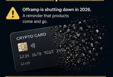 The image shows a black "CRYPTO CARD" with the number "1234 5678 9012 3456" and expiration "12/25" shattering into fragments on the right side, accompanied by a warning message stating "Offramp is shutting down in 2026. A reminder that products come and go." This visual reinforces the accompanying post's message about the risks of standalone crypto card products and the importance of choosing established exchange ecosystems for long-term reliability.