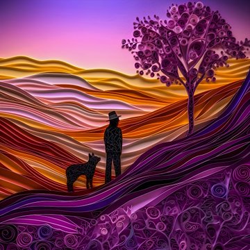 A stylized digital painting shows the silhouette of a person and a dog standing in a colorful, swirling landscape of orange, purple, and yellow hills beneath a vibrant sky.