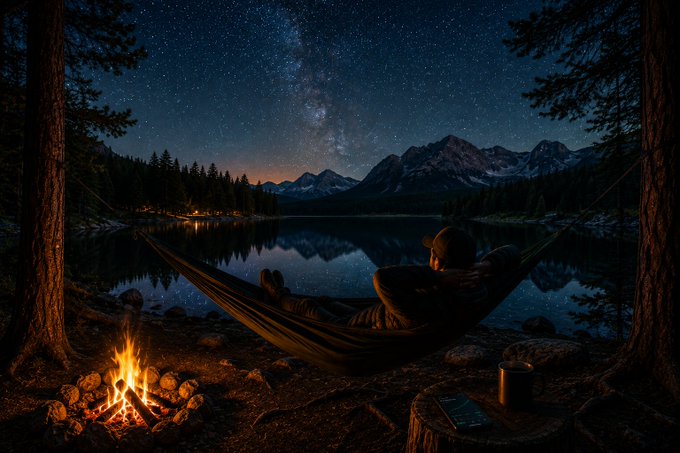 A serene nighttime scene shows a person relaxing in a hammock by a mountain lake under a starry sky with the Milky Way visible, warmed by a campfire and a cup resting on a tree stump.