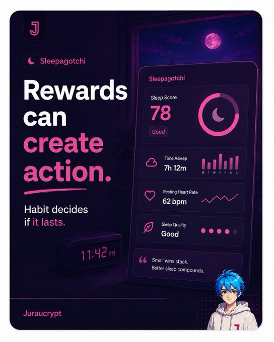 The image features a poster for a sleep tracking app called @sleepagotchi. The poster has a purple background with white text that reads "rewards can create action." Below this, there are three different sections of information about the app's features. One section is titled "habit decides if it lasts," and another one is titled "Small wire stack better sleep quality." A person wearing a blue hoodie is also present in the image, standing next to the poster.