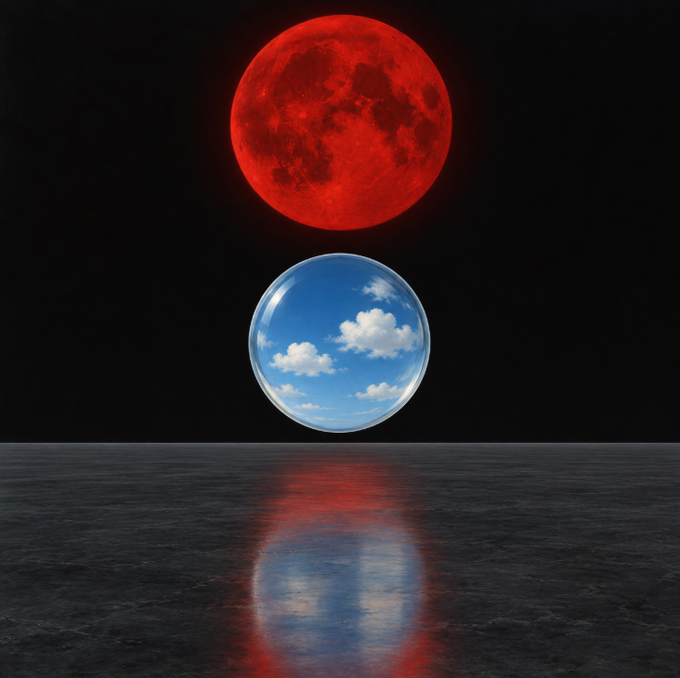 A surreal digital artwork featuring a red moon positioned above a translucent sphere containing a blue sky and clouds, reflecting on a watery surface below.
