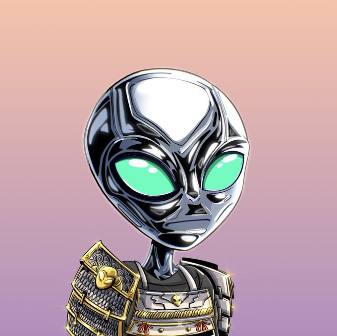 An illustration of a metallic alien character with large green eyes wearing ornate samurai-style armor against a pink and purple gradient background.
