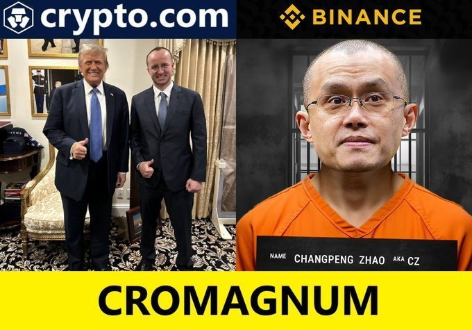 A split image contrasts the Crypto.com logo with Trump meeting Crypto.com's CEO on the left, while the right side shows Binance's Changpeng Zhao (CZ) in a prison mugshot under the Binance logo, with "CROMAGNUM" branded across the bottom—visually reinforcing the post's theme of endorsing Crypto.com while criticizing CZ and Binance.