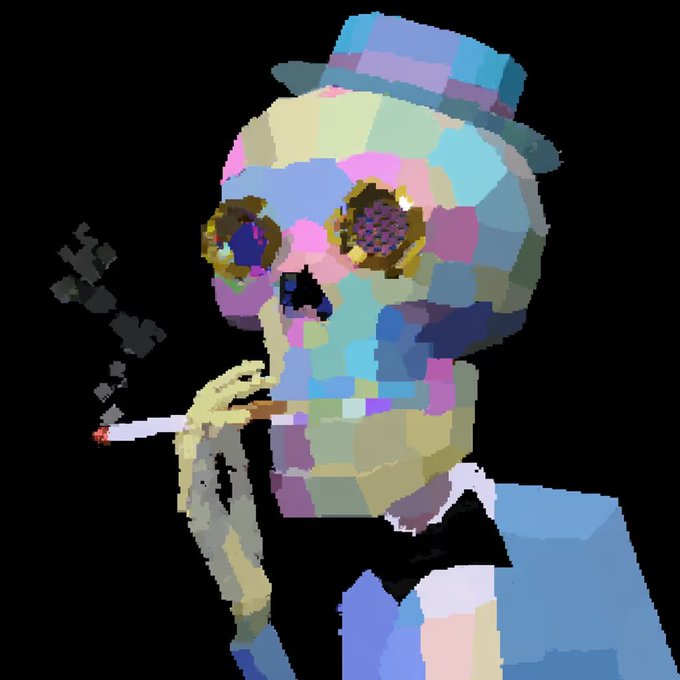 A pixelated digital artwork of a skeletal figure wearing a small blue top hat and round sunglasses, holding a lit cigarette against a black background.