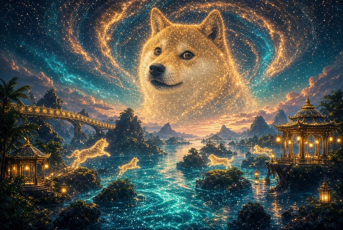 A fantastical digital artwork of a glowing, ethereal Shiba Inu dog composed of stars, positioned above a dreamlike landscape with a glowing river, golden deer, ornate gazebos, and a starlit night sky.