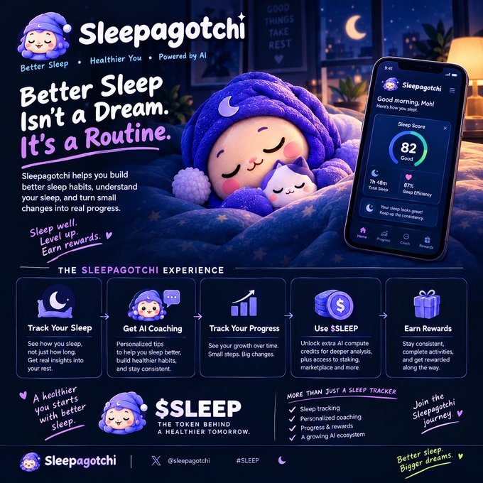 A promotional graphic for 'Sleepagotchi,' an AI-powered sleep tracking app and $SLEEP token, highlighting features like sleep tracking, AI coaching, progress monitoring, and earning rewards.