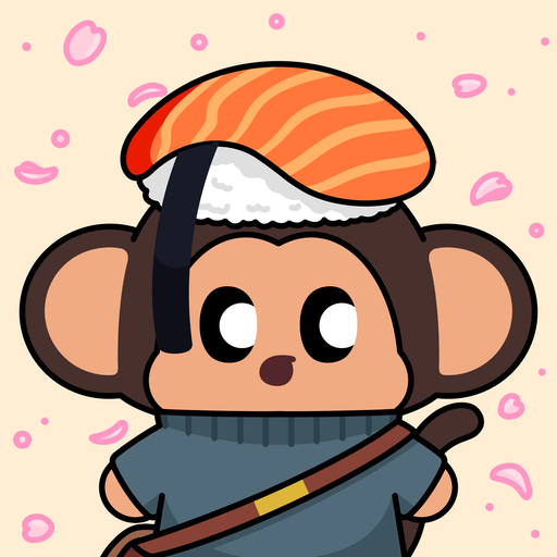 A cute cartoon character that appears to be a monkey or similar creature with large round ears, wearing a blue outfit and a salmon sushi piece on its head, set against a peach background with pink petals.