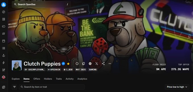 Screenshot of the OpenSea NFT marketplace page for 'Clutch Puppies' collection by OXSIMPLEFAIR, showing a floor price of 9K APE and top offer of 275.35 WAPE.