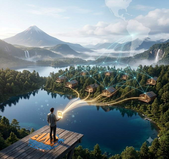 A person stands on a wooden pier overlooking a serene lake and forested village, holding a glowing device that projects digital network lines connecting the houses, with mountains and a faint world map in the background.