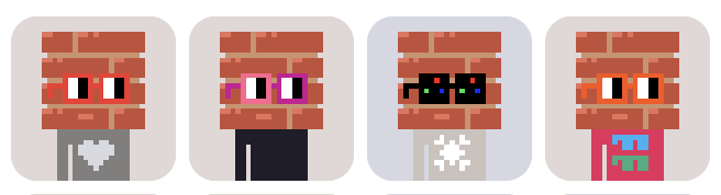 Four pixel-art character avatars with brick-patterned faces, each with different colored eyes and outfits in heart, purple, blue, and rainbow designs.