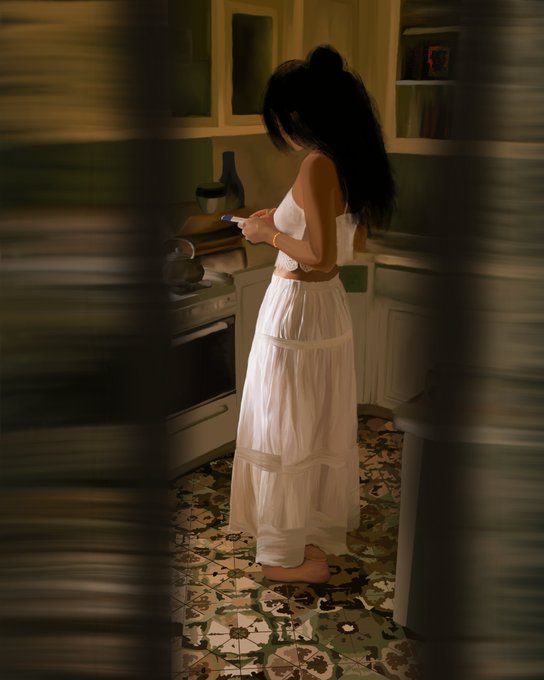 A woman in a flowing white dress stands in a warmly lit kitchen, viewed through a doorway with a motion-blur effect.