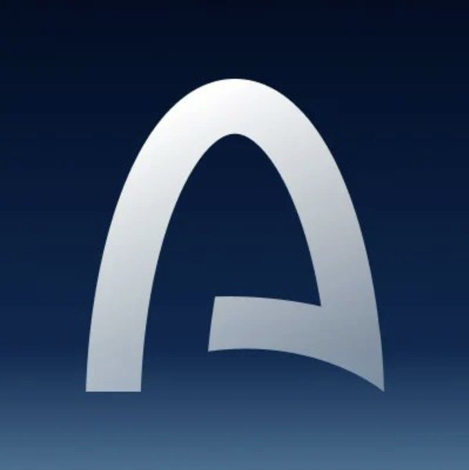 A stylized silver letter 'A' logo set against a dark blue gradient background.