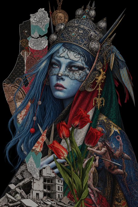 A dark fantasy collage artwork featuring a blue-skinned woman wearing an ornate crown and face jewelry, holding red tulips, surrounded by mixed media elements like playing cards, butterflies, and ruined buildings.