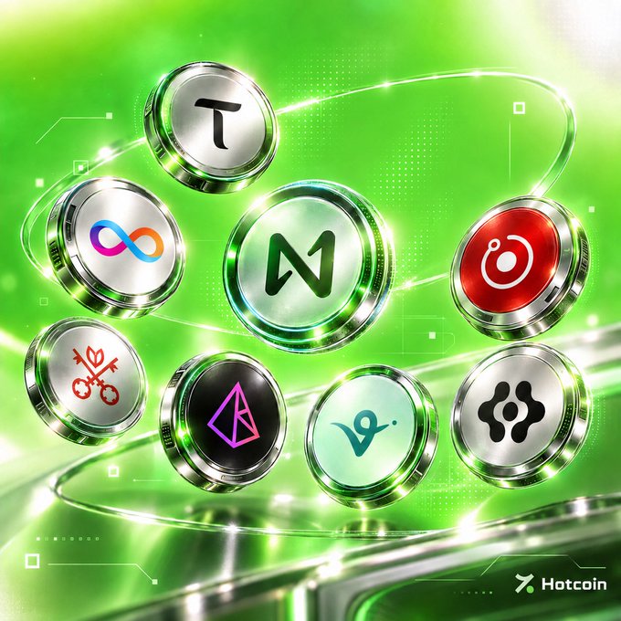 Eight metallic cryptocurrency coins representing AI-related tokens ($NEAR, $TAO, $VVV, $RENDER, $ICP, $AKE, $VIRTUAL, and $FET) float against a vibrant green digital background, visually embodying the post's message about the growing AI crypto narrative, with "Hotcoin" branding visible in the corner.