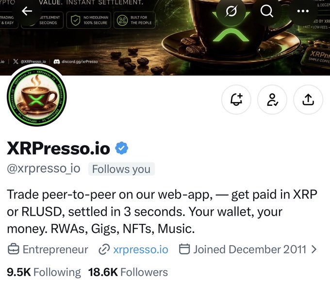 A Twitter/X profile for "XRPresso.io" (@xrpresso_io) describing itself as a peer-to-peer web-app for trading and getting paid in XRP or RLUSD, with 18.6K followers.