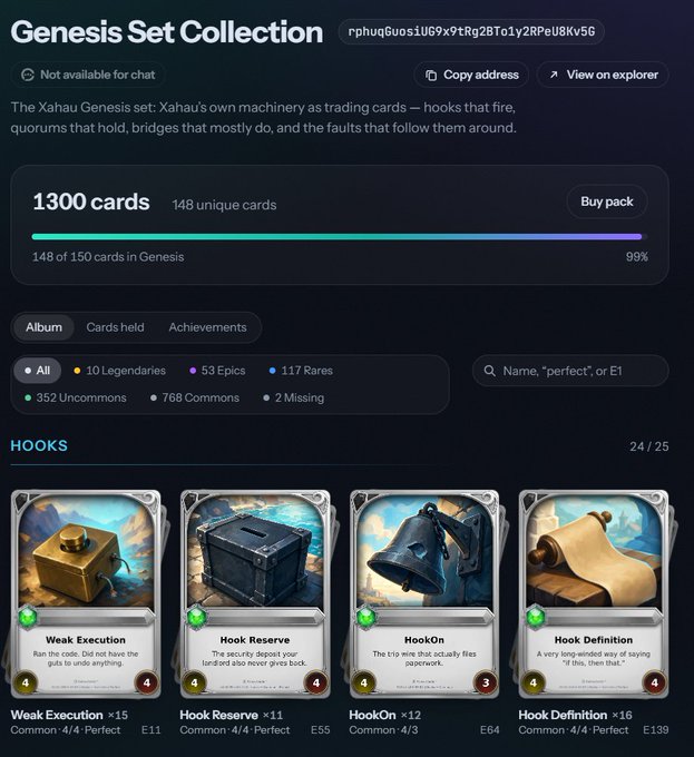 A screenshot of a 'Genesis Set Collection' digital trading card collection showing 1300 cards with 148 unique cards, displaying 24/25 'HOOKS' cards including 'Weak Execution', 'Hook Reserve', 'HookOn', and 'Hook Definition' in a dark-themed interface.