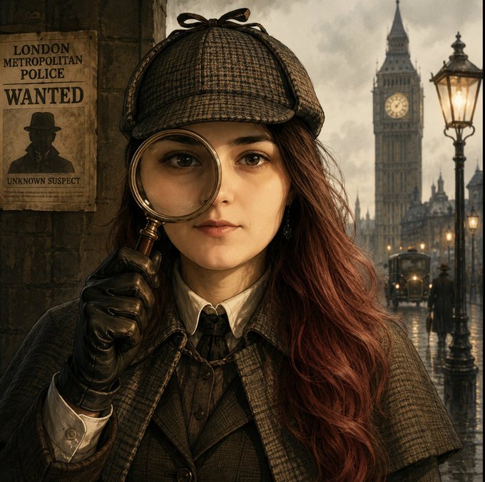 A detective in Victorian attire holds a magnifying glass to her eye on a London street with Big Ben in the background, while a "London Metropolitan Police - Wanted" poster for an "Unknown Suspect" appears beside her—mirroring the post's investigative tone of examining the obscured relationship between @matthubuilds and @TxFlow_L1.