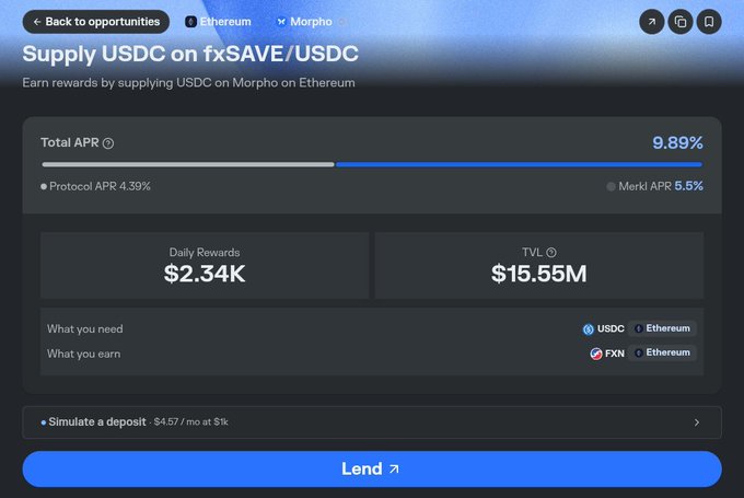 A screenshot displays a DeFi lending interface for "Supply USDC on fxSAVE/USDC" on Morpho, showing a 9.89% Total APR, $2.34K daily rewards, and $15.55M TVL.