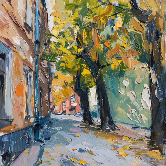 An impressionistic oil painting of a sunlit street scene featuring trees with yellow-green foliage, executed with heavy textured brushstrokes.