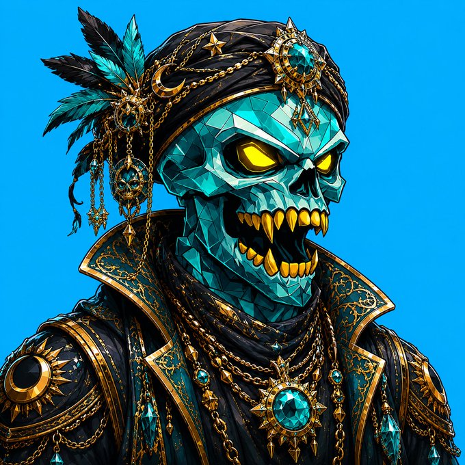 A highly detailed digital fantasy illustration of a turquoise, gem-like skull with glowing yellow eyes, adorned with an ornate black and gold headdress featuring feathers and jeweled chains.