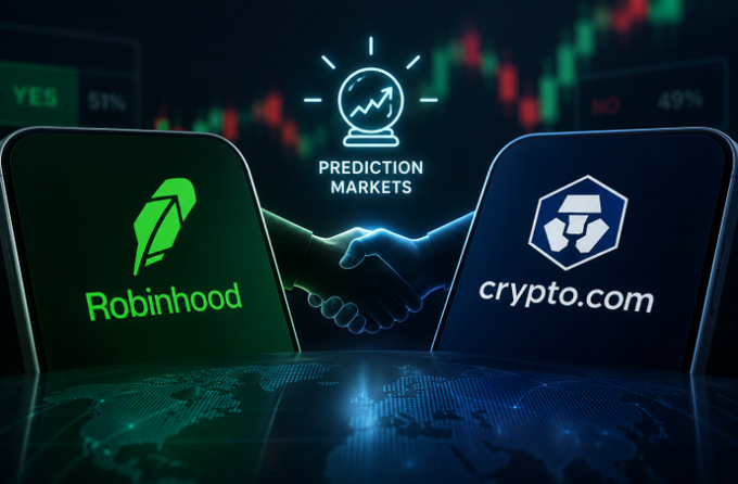 A graphic announcing a partnership between Robinhood and crypto.com for prediction markets, featuring their logos with a handshake illustration and candlestick charts in the background.