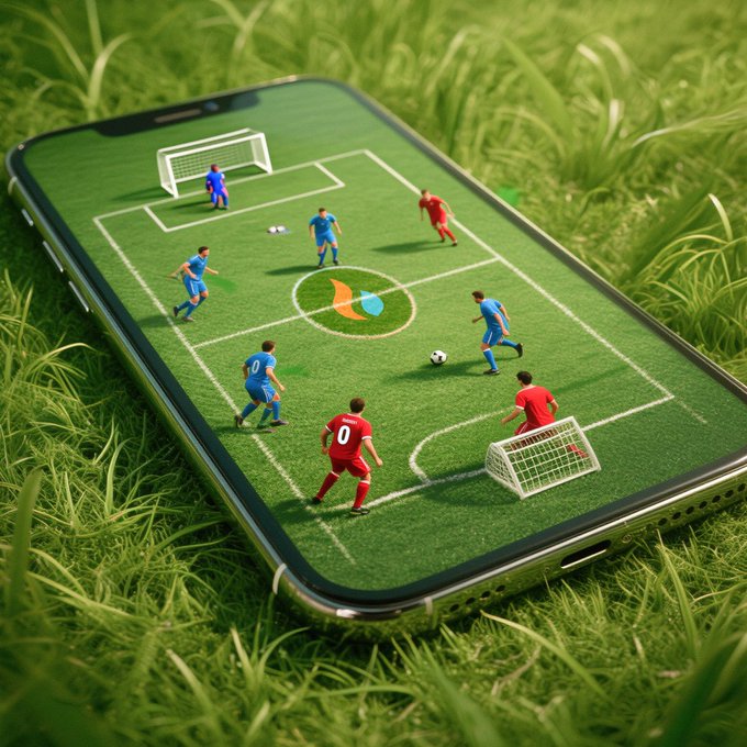 A smartphone displays a miniature soccer match in blue and red jerseys on a green field, set against a backdrop of real grass. The visible "0" on a player's jersey and the playful tournament framing tie directly into the post's theme of a coin-themed World Cup competition.