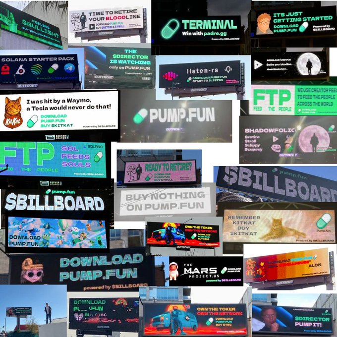 A collage of various billboards advertising Pump.fun with slogans like 'TIME TO RETIRE YOUR BLOODLINE', 'DOWNLOAD PUMP.FUN', 'BUY NOTHING ON PUMP.FUN', and 'SHADOWFOLIO', powered by $BILLBOARD.