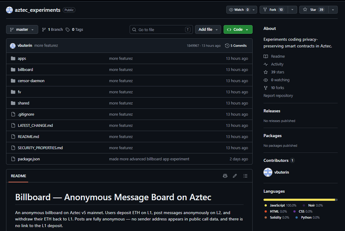 A GitHub repository page for "aztec_experiments" by user vbuterin, showing 39 stars and 10 forks, with a README describing a "Billboard — Anonymous Message Board on Azte..." project that allows users to deposit ETH on L1, post anonymously on L2, and withdraw ETH back to L1.