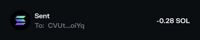 A transaction confirmation showing "Sent To: CVUt...oiYq" for "-0.28 SOL," serving as visual proof that the user sent Solana cryptocurrency to @ElijahGgHQ as part of a giveaway.