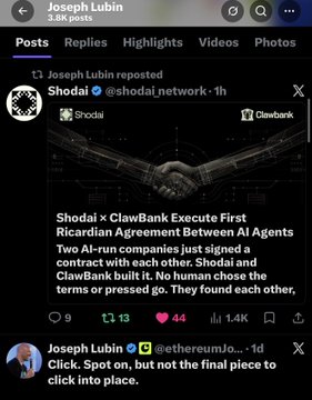 The image shows a Twitter feed with multiple posts, including one from a user named Joseph Lubin. The post is about a ClawBank Executive Order that was posted by another user. The text of the post reads: "2 Multi Billionaires in 2 Days posted @ClawBankHQ ... Co-founder & CEO of Circle (USDC) @jerallaire ... Reposted ClawBank Official content introducing Ricardian Contracts for AI agents (tied to USDC/Base usage). Focus on what is in the image and how it relates to the post."