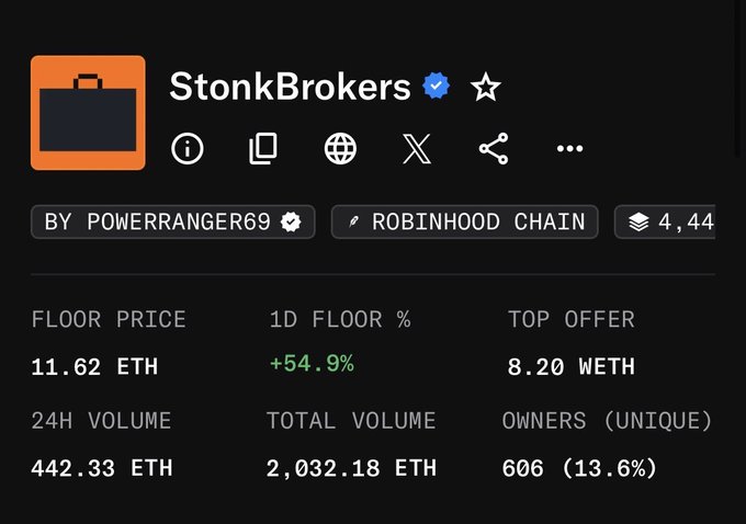 A StonkBrokers NFT collection page showing a floor price of 11.62 ETH (+54.9% 24h), top offer of 8.20 WETH, and 606 unique owners on the Robinhood Chain.