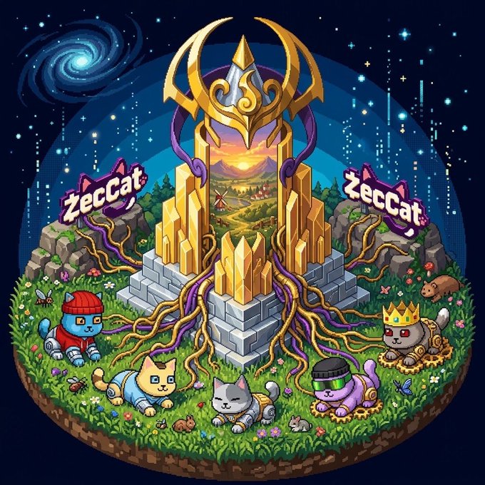 Colorful pixel art 'ZecCat' scene featuring various cat characters in different outfits around a glowing golden crystal monument under a starry sky with a galaxy.
