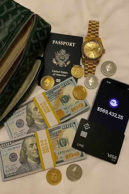 A flat-lay photo showing wealth symbols including stacks of $10,000 US currency, a US passport, a gold Rolex watch, Ethereum and Bitcoin coins, a Visa debit card, and a phone displaying a balance of $569,432.25.
