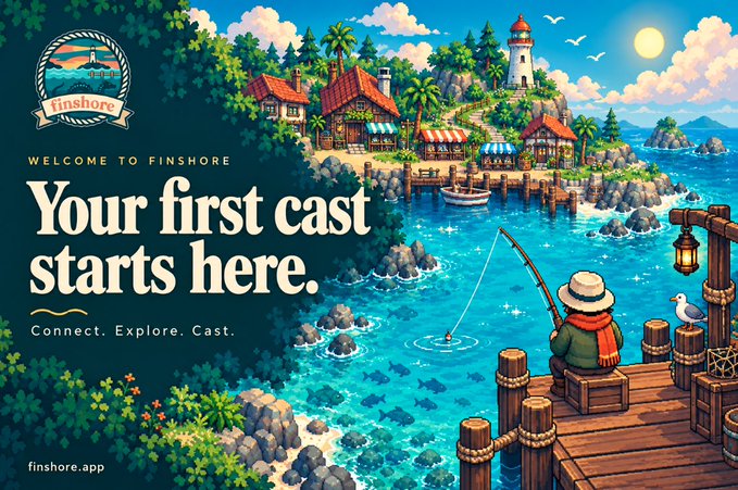 Promotional artwork for Finshore featuring a pixel-art coastal fishing village with a lighthouse, an angler casting a line from a wooden dock, and the tagline 'Your first cast starts here' alongside finshore.app.