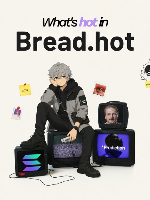 An anime-style promotional graphic titled 'What's hot in Bread.hot' featuring a silver-haired character sitting on stacked televisions displaying static and faces, with Solana logo visible.