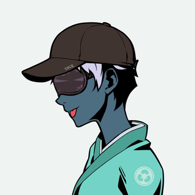 An anime-style illustration of a character with blue skin, white hair, sunglasses labeled "IKZ", a brown cap, and a green jacket with a circular logo on the sleeve, sticking their tongue out in profile.