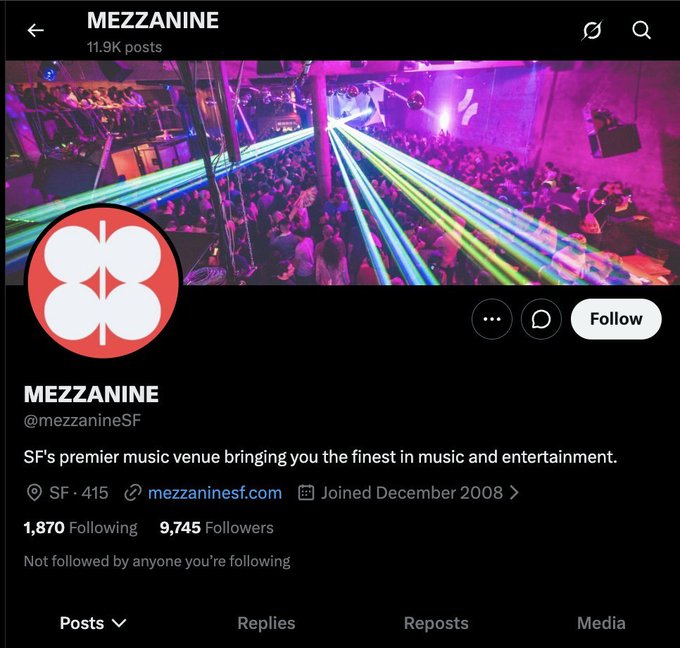 Twitter/X profile page for MEZZANINE (@mezzaninesf), described as 'SF's premier music venue bringing you the finest in music and entertainment,' located at SF · 415.