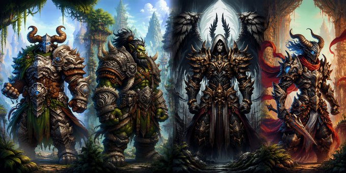 A fantasy artwork featuring four armored characters, including warriors and a hooded figure, standing in a mystical landscape.