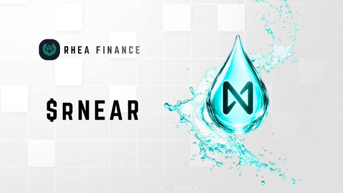 The image visually represents the concept of liquid staking for $rNEAR, with the Rhean Finance logo and "$rNEAR" text visible alongside a stylized water droplet containing the NEAR token logo, symbolizing liquidity.
