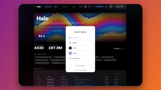 A screenshot of the 'Halo' website displaying a 'Log in or sign up' modal with social login options like Google, Twitter, Discord, and others, showing 4330 supporters and $197.9M.