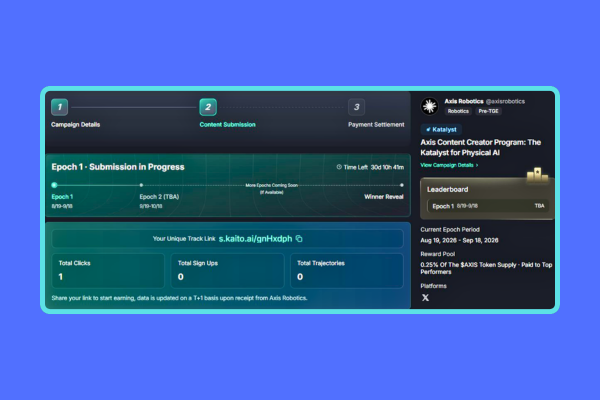 A dashboard interface for the Axis Content Creator Program, showing a campaign for 'Katalyst' with submission progress for 'Epoch 1' (9/13-11/13) and Epoch 2 (TBA), currently noting 1 total click and a unique track link.