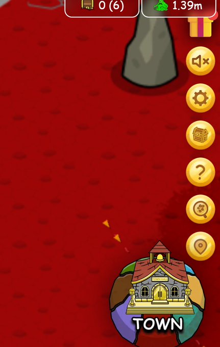 A mobile game screenshot showing a red landscape with a building icon labeled 'TOWN,' featuring a green currency counter displaying '1.39m' at the top and various menu buttons on the right side.