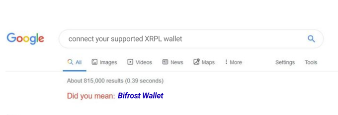 A Google search bar displays the query "connect your supported XRPL wallet" with approximately 815,000 results (0.39 seconds), and Google suggests "Did you mean: Bifrost Wallet." The image relates to the post by highlighting the lack of native XRP wallet support for yield, positioning itself as the go-to Bifrost Wallet solution for XRPL holders seeking onchain yield with Flare and Firelight.