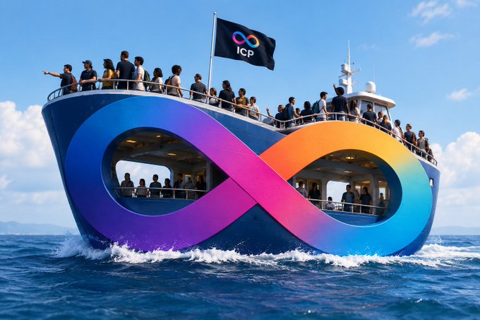 A large cruise ship sails on the ocean, featuring a giant colorful infinity symbol across its hull and a flag flying from the top displaying an infinity-style logo and the text 'ICP'.
